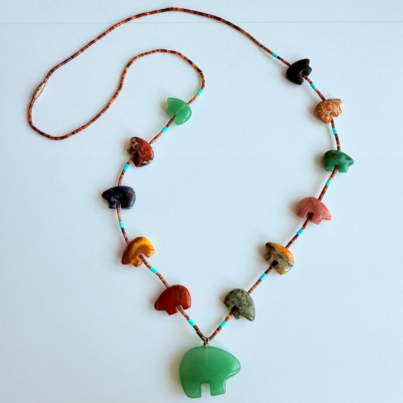 Native American Zuni Fetish Bear Heishi Turquoise Multi Stone Bead VTG Necklace